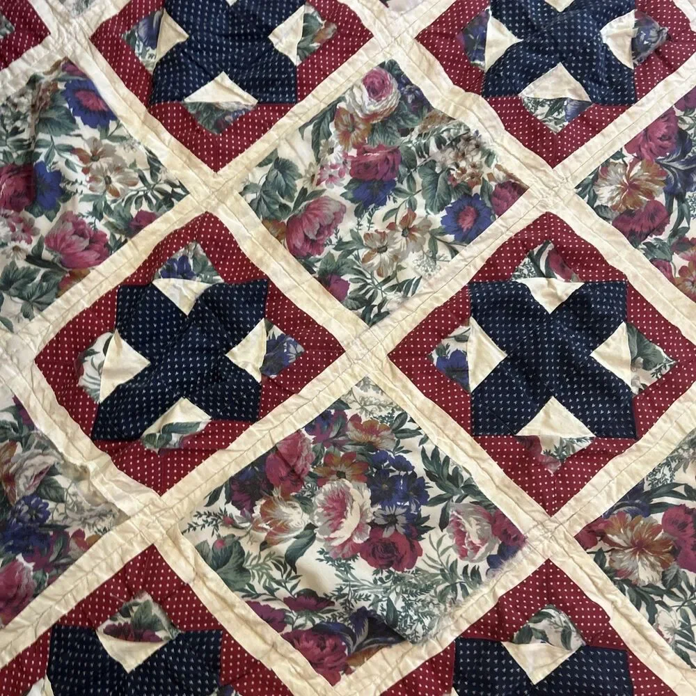 Vtg Twin Handmade Quilt Burgundy And Blue Floral 80x64 Twin Cottage Country